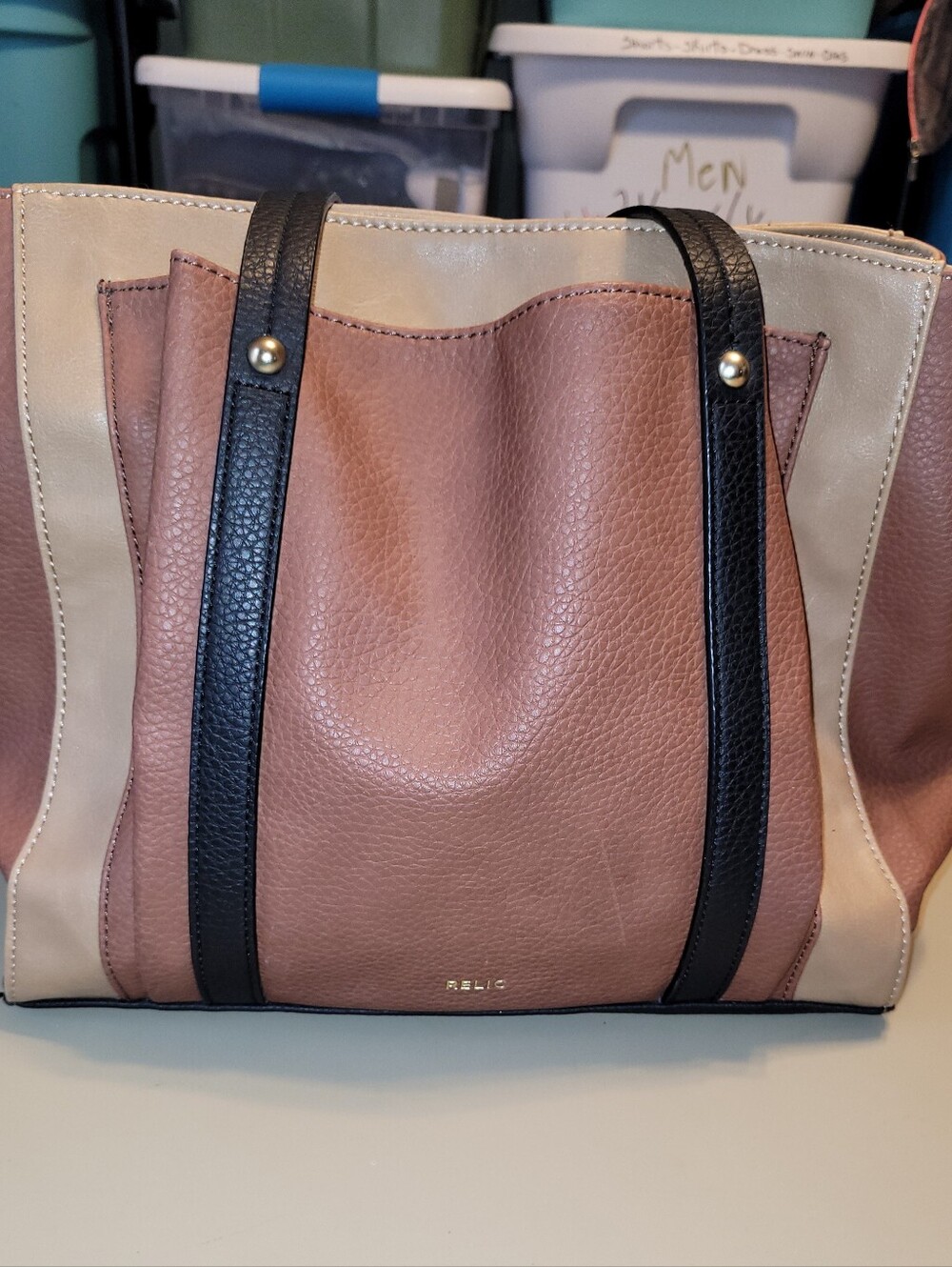 Relic Tricolor Tote in Brown, Cream & Black